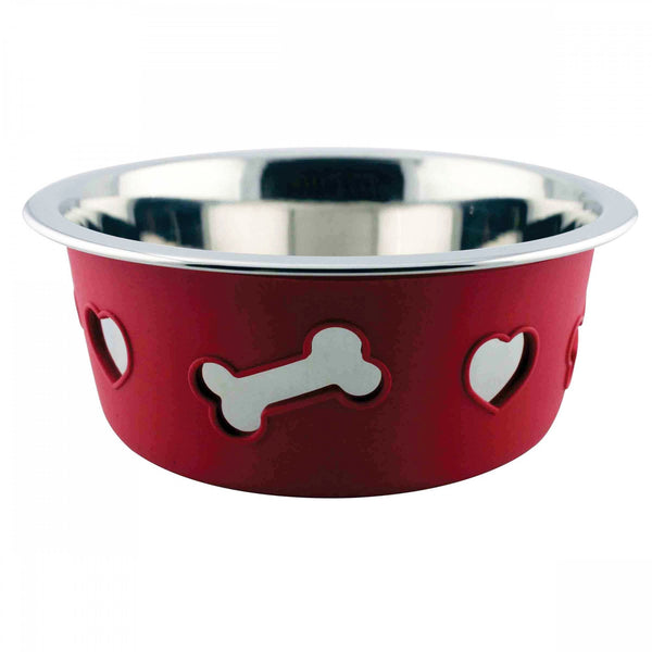 Weatherbeeta Non Slip Stainless Steel & Silicone Bone Dog Bowl Raspberry