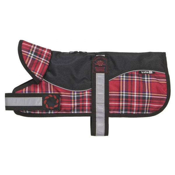 Outhwaites Reflective Black/Red Tartan Padded Harness Dog Coat
