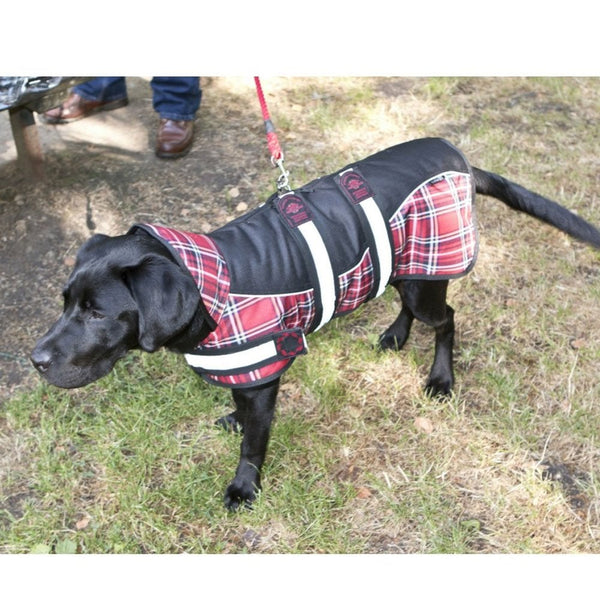 Outhwaites Reflective Black/Red Tartan Padded Harness Dog Coat