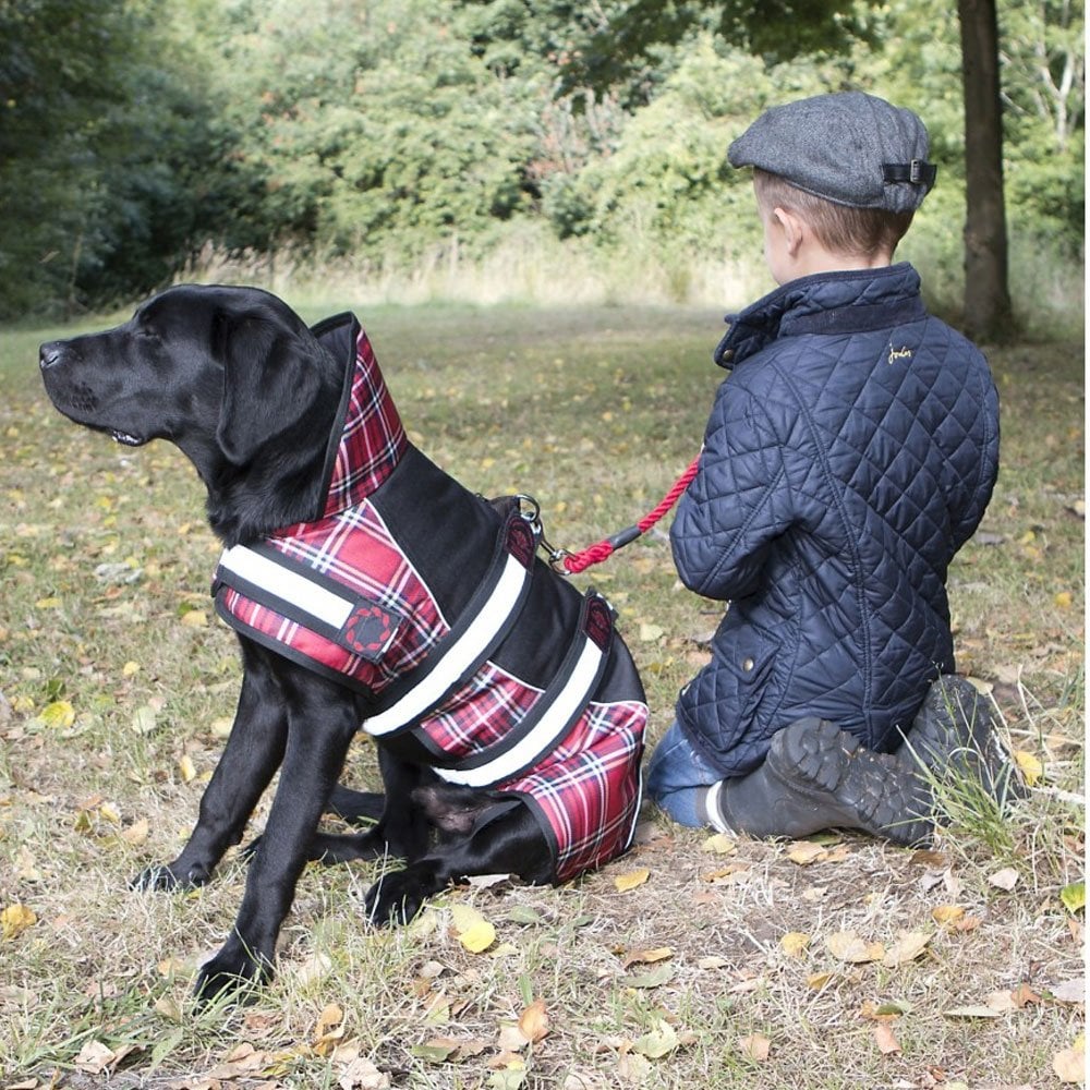 Outhwaites Reflective Black/Red Tartan Padded Harness Dog Coat