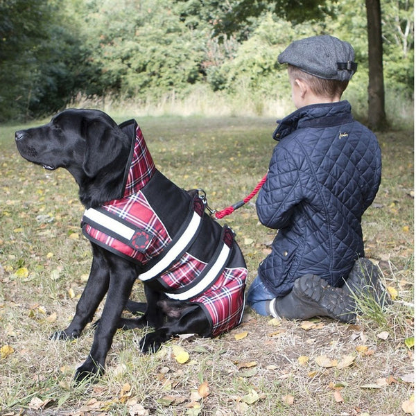 Outhwaites Reflective Black/Red Tartan Padded Harness Dog Coat