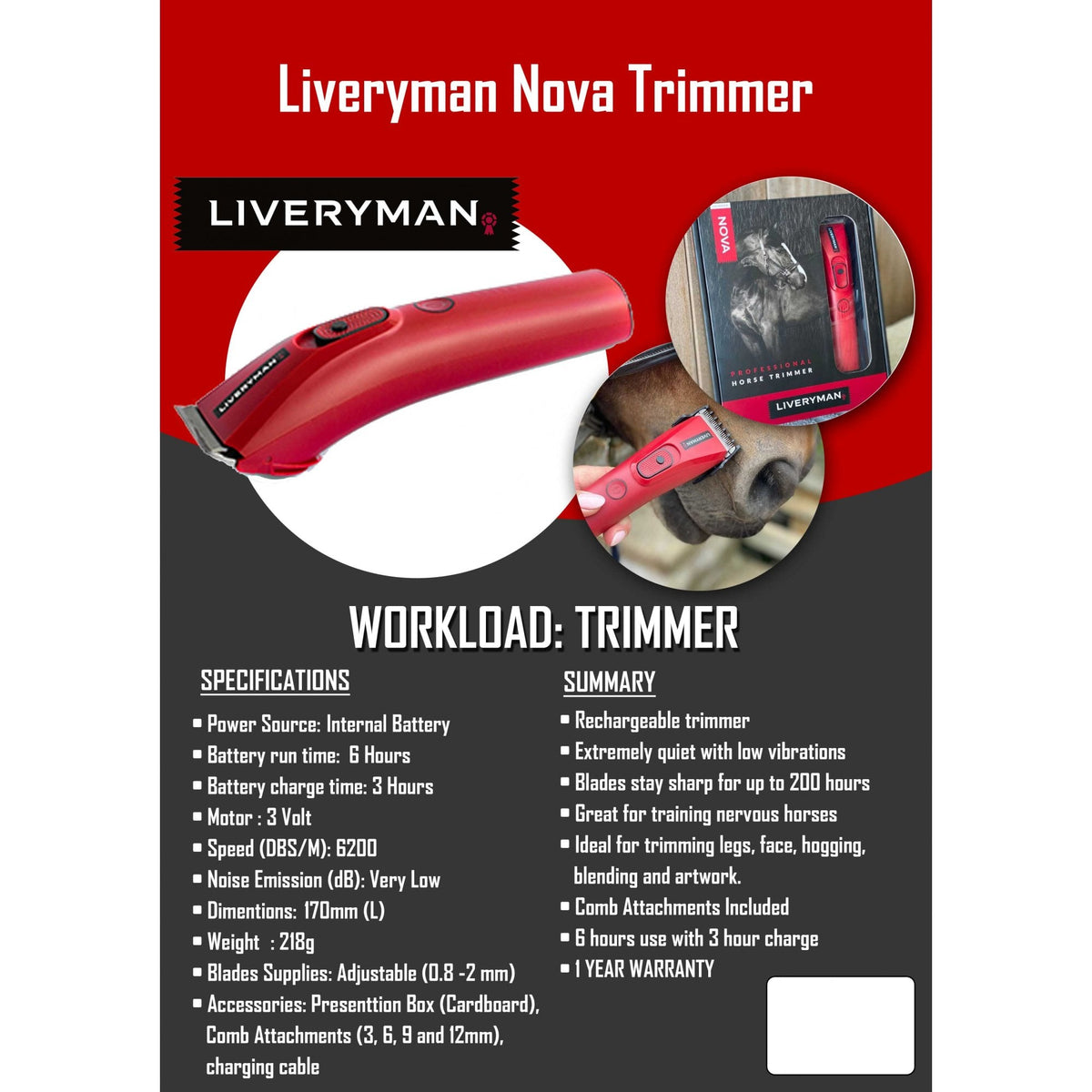 Liveryman Nova Rechargable Trimmer - Horse Trimmers