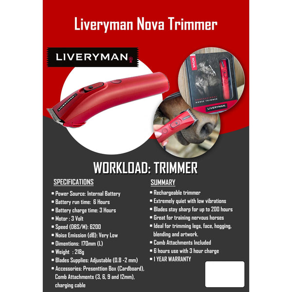 Liveryman Nova Rechargable Trimmer - Horse Trimmers