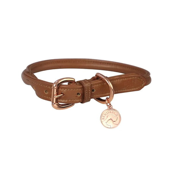Benji & Flo Superior Rolled Leather Dog Collar Tan/Rose Gold