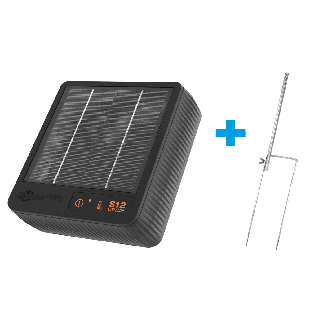 Gallagher S12li Solar energiser with battery (0.12J - Solar) and stand