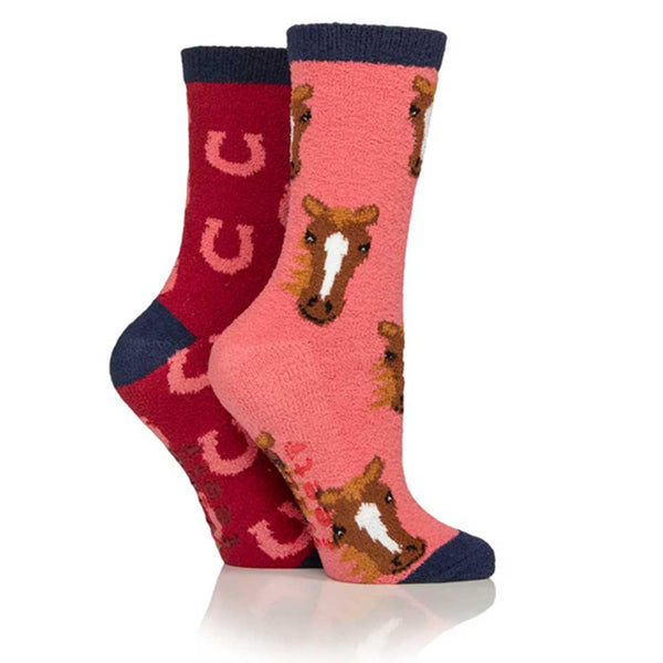 Platinum Wildfeet Fluffy Lounge Socks Junior 12.5-3.5 Horse With Horseshoes 2 Pairs