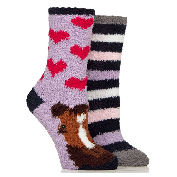 Platinum Wildfeet Fluffy Lounge Socks Junior 12.5-3.5 Horse Hearts/Stripes 2 Pairs