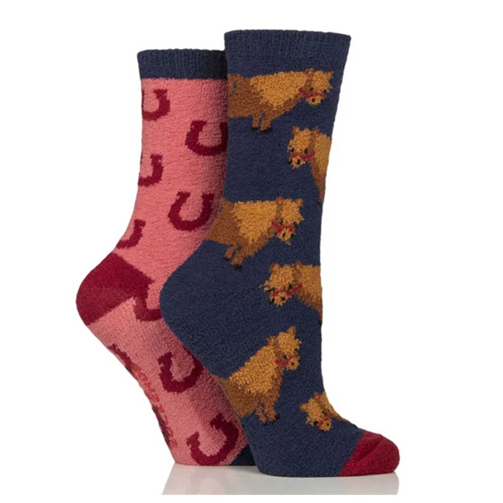 Platinum Wildfeet Fluffy Lounge Socks Junior 12.5-3.5 Snacky Pony/Horseshoes 2 Pairs