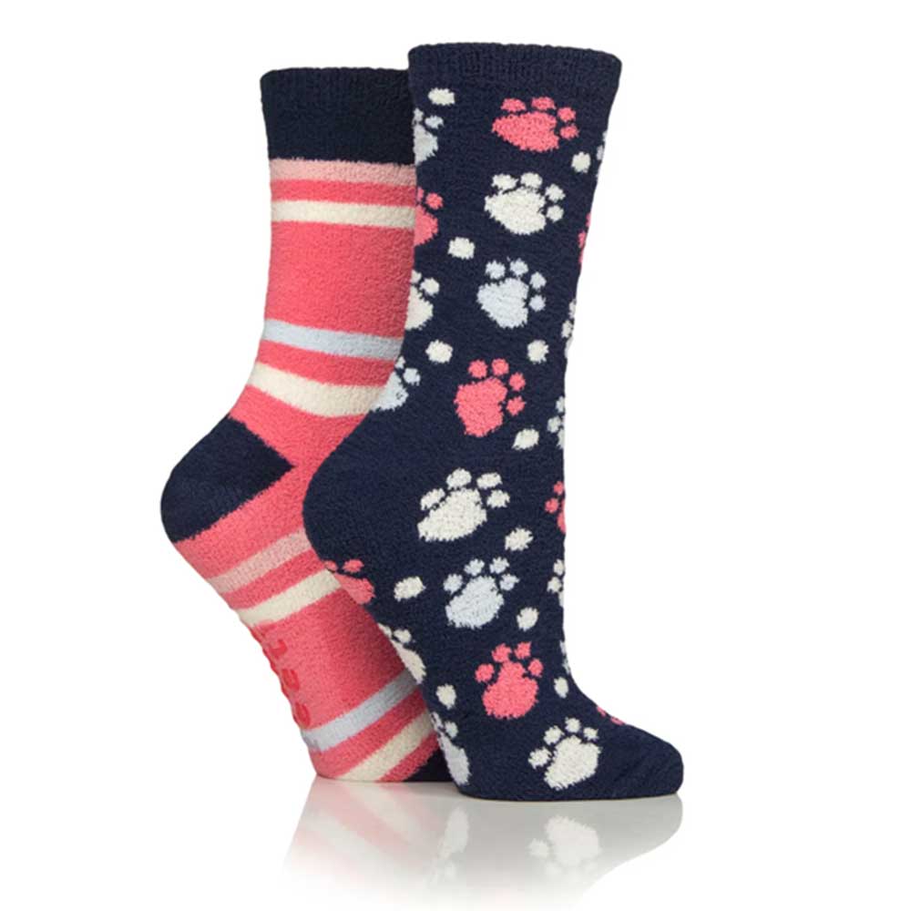 Platinum Wildfeet Fluffy Lounge Socks Ladies 4-8 Paw Print/Stripes 2 Pairs