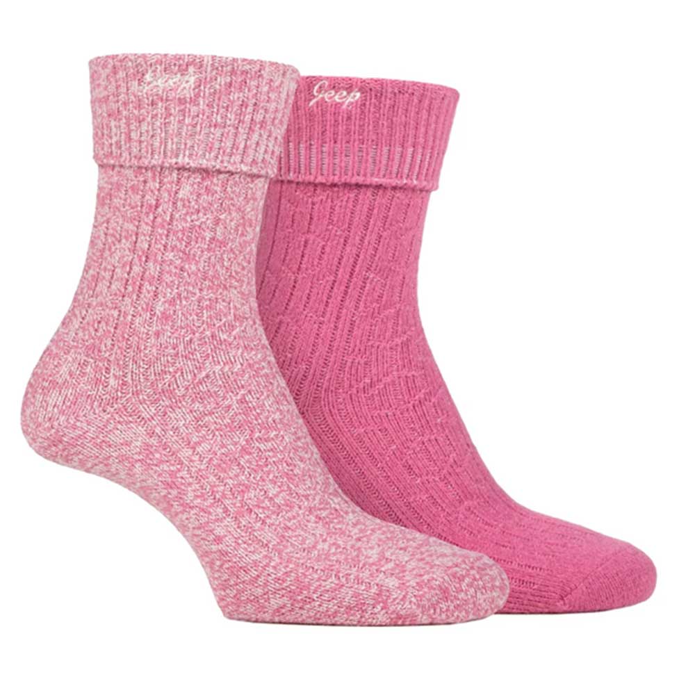 Platinum Jeep Super Soft Brushed Boot Sock Ladies 4-8 Cerise/Cream 2 Pairs