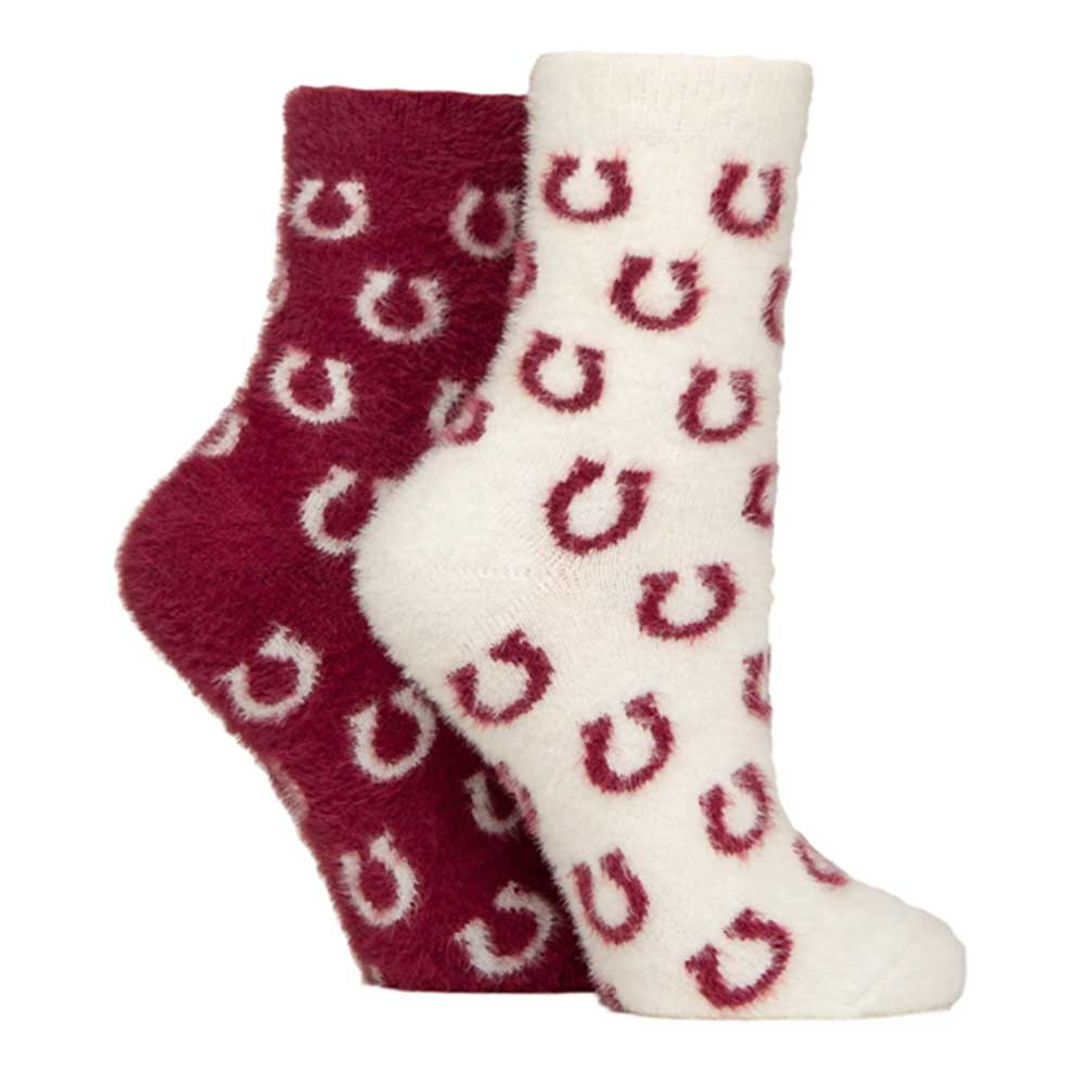 Platinum Wildfeet Fluffy Feather Socks Junior 12.5-3.5 Snow/Burgundy Horseshoe 2 Pairs