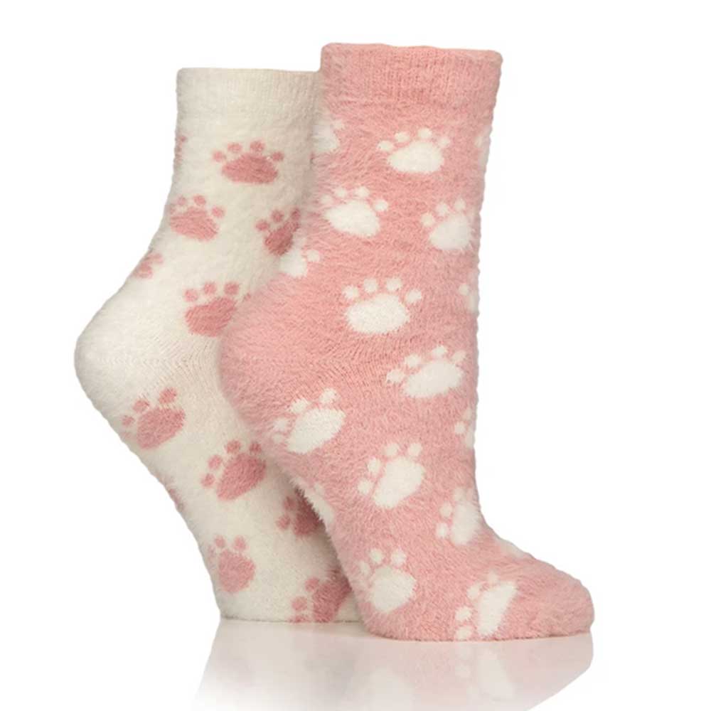 Platinum Wildfeet Fluffy Feather Socks Adults 4-8 Pink/Snow Pawprints 2 Pairs